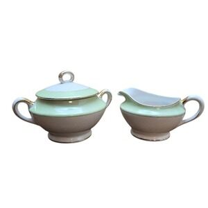 Vintage Nippon Hand Painted Sugar Bowl Creamer Set‎ White-Pale Green-Gold Trim